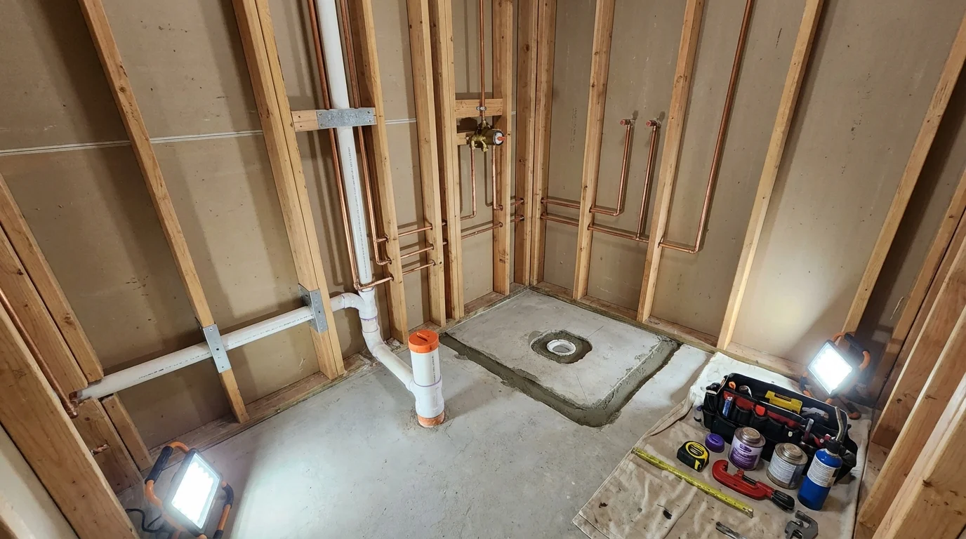 Bathroom rough-in plumbing during remodel by Johns Plumbing LLC in Ludowici