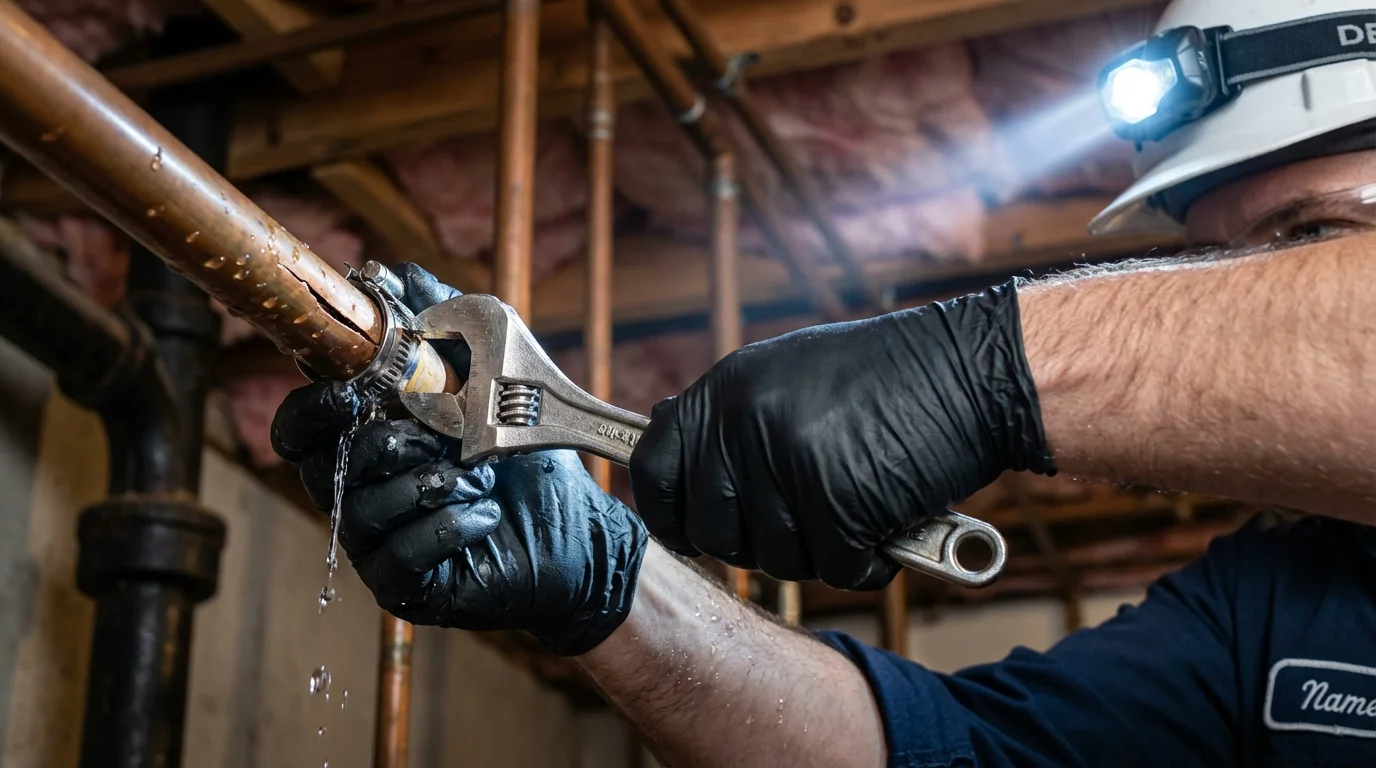 Emergency pipe clamp repair being performed by a Johns Plumbing LLC plumber in Ludowici