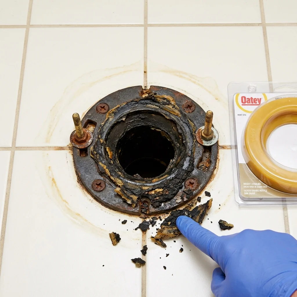 Failed wax ring showing water seepage at the base of a toilet in a Ludowici, GA home