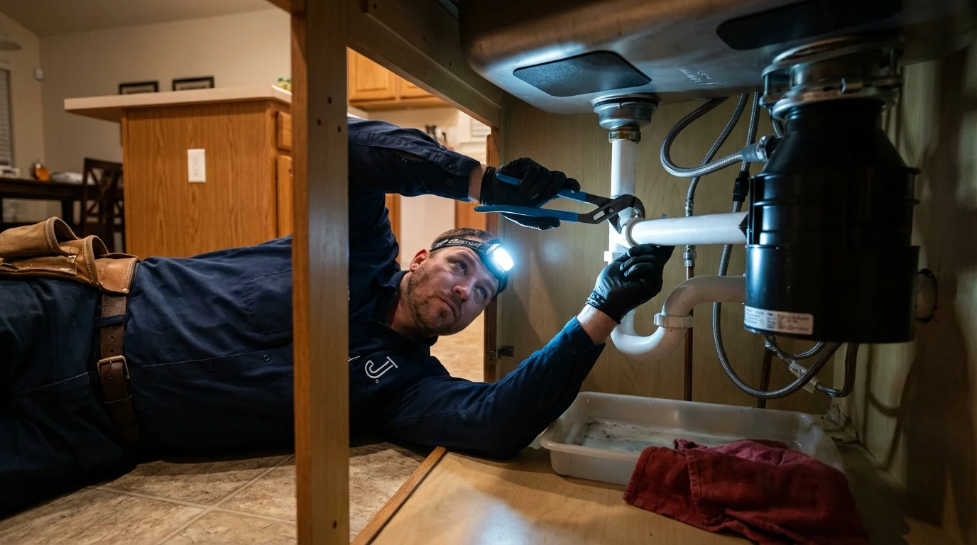 P-trap and supply line connections under a kitchen sink showing a common leak point in Ludowici, GA